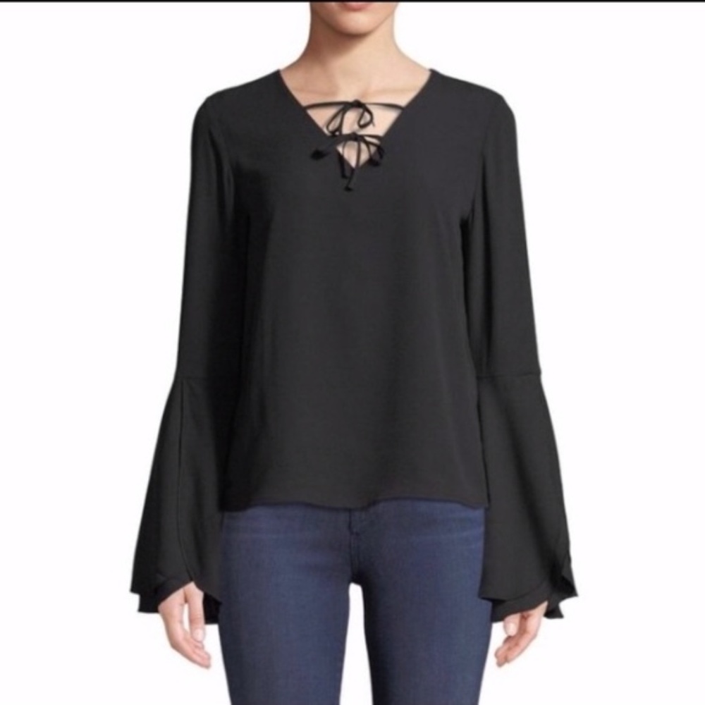 V Neck Split Bell Sleeve Black Top Medium